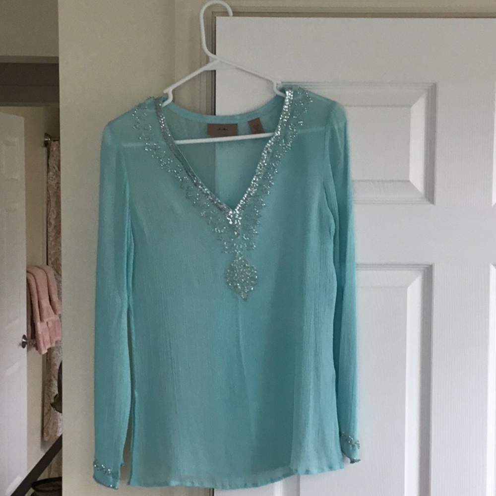 Aqua colored sheer crepe silk tunic